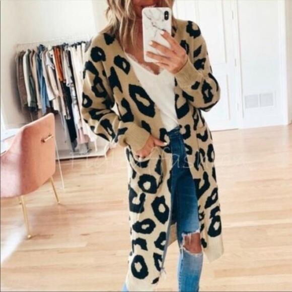 Leopard print long cardigan sweater pockets gray - Picture 6 of 7